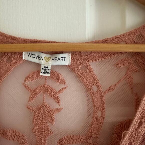Vintage Woven Heart Lace Sheer Embroidered Boho Dress Pink Midi Sz Medium Floral - Picture 3 of 5